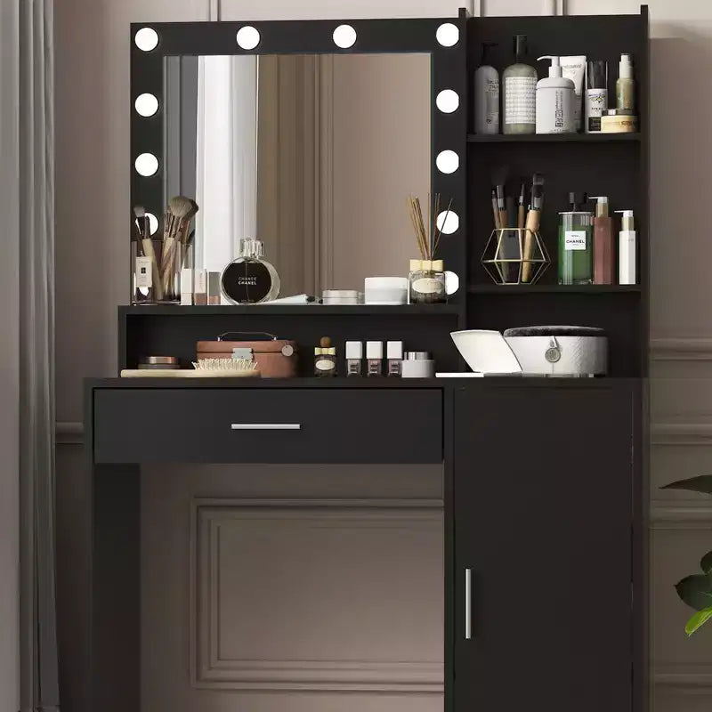 Toeletta Okak con specchio, vanità trucco con ripiani a tre livelli, 1 cassetto e 1 anta, scrivania trucco per camera da trucco