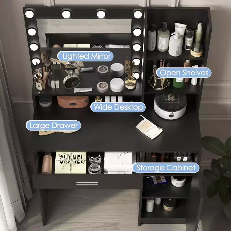Toeletta Okak con specchio, vanità trucco con ripiani a tre livelli, 1 cassetto e 1 anta, scrivania trucco per camera da trucco