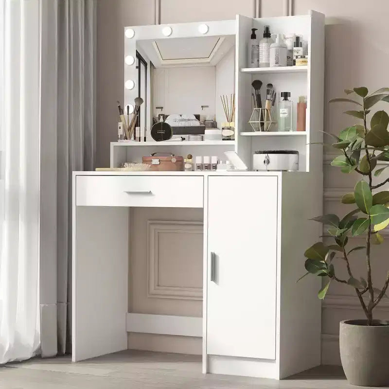 Toeletta Okak con specchio, vanità trucco con ripiani a tre livelli, 1 cassetto e 1 anta, scrivania trucco per camera da trucco