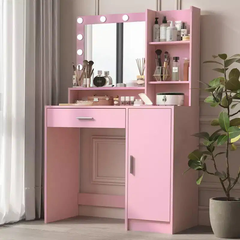 Table de toilette Okak avec miroir, coiffeuse avec étagères de rangement à trois niveaux, 1 tiroir et 1 porte de placard, bureau de maquillage pour salle de bain