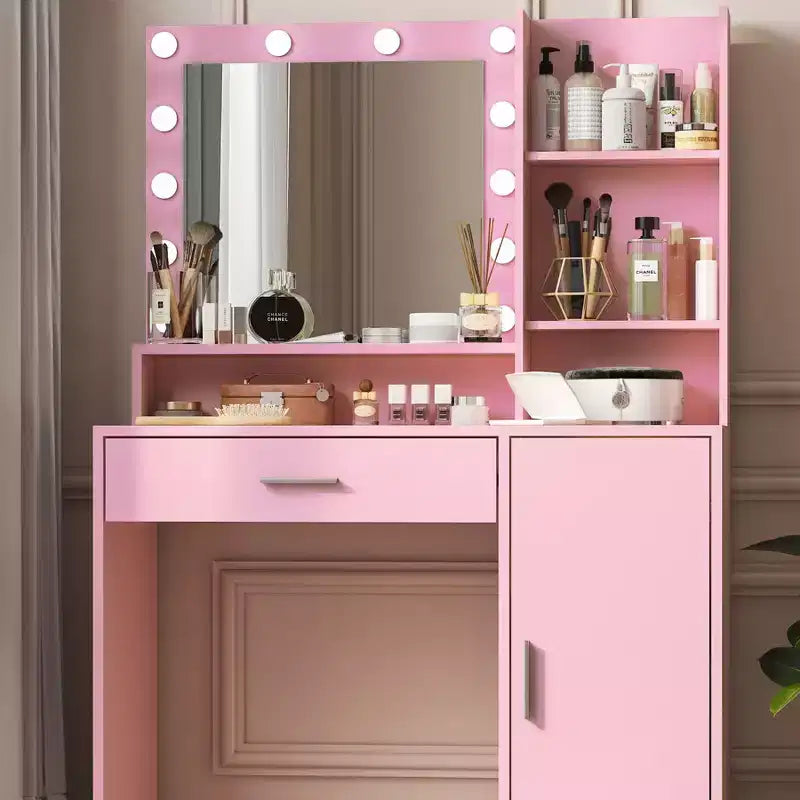 Table de toilette Okak avec miroir, coiffeuse avec étagères de rangement à trois niveaux, 1 tiroir et 1 porte de placard, bureau de maquillage pour salle de bain
