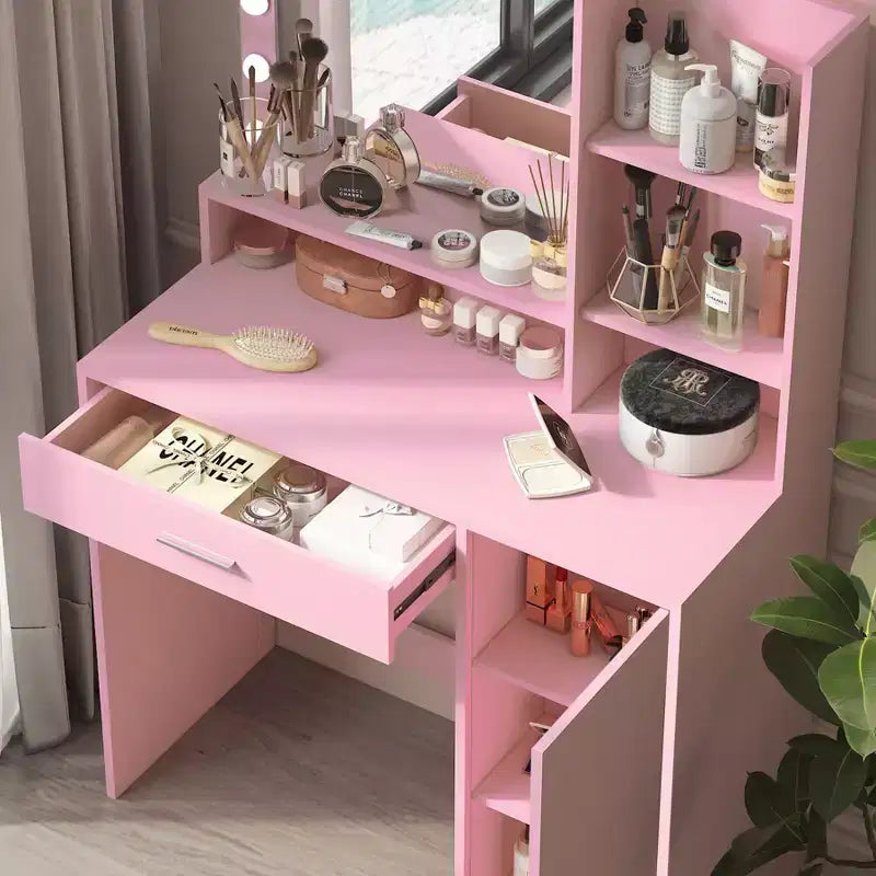 Table de toilette Okak avec miroir, coiffeuse avec étagères de rangement à trois niveaux, 1 tiroir et 1 porte de placard, bureau de maquillage pour salle de bain