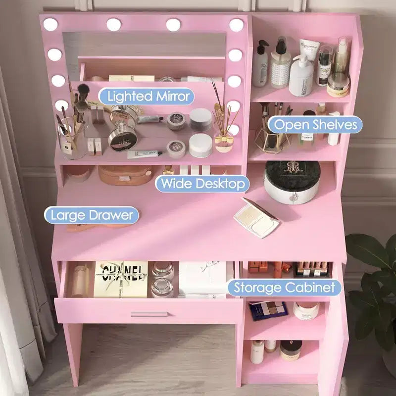 Table de toilette Okak avec miroir, coiffeuse avec étagères de rangement à trois niveaux, 1 tiroir et 1 porte de placard, bureau de maquillage pour salle de bain