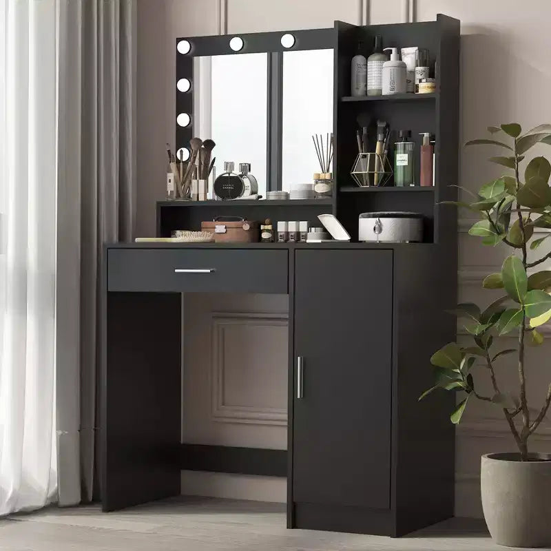 Toeletta Okak con specchio, vanità trucco con ripiani a tre livelli, 1 cassetto e 1 anta, scrivania trucco per camera da trucco