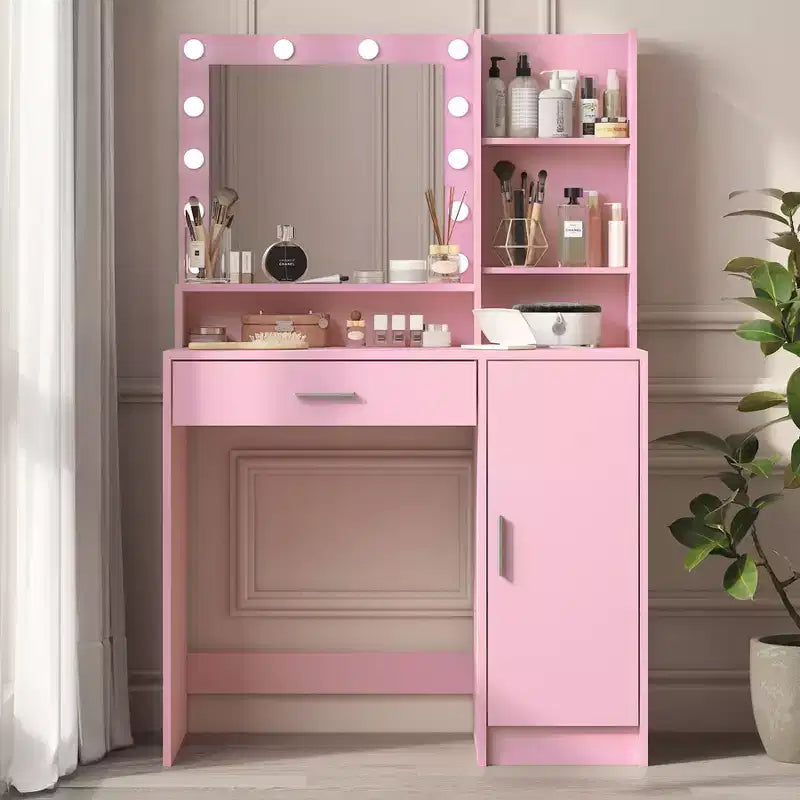 Okak Vanity Table with Mirror, Makeup Vanity with Three Level Storage Shelves, 1 Drawer and 1 Cabinet Door, Makeup Desk for Vanity Room