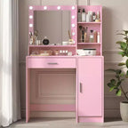 Okak Vanity Table with Mirror, Makeup Vanity with Three Level Storage Shelves, 1 Drawer and 1 Cabinet Door, Makeup Desk for Vanity Room