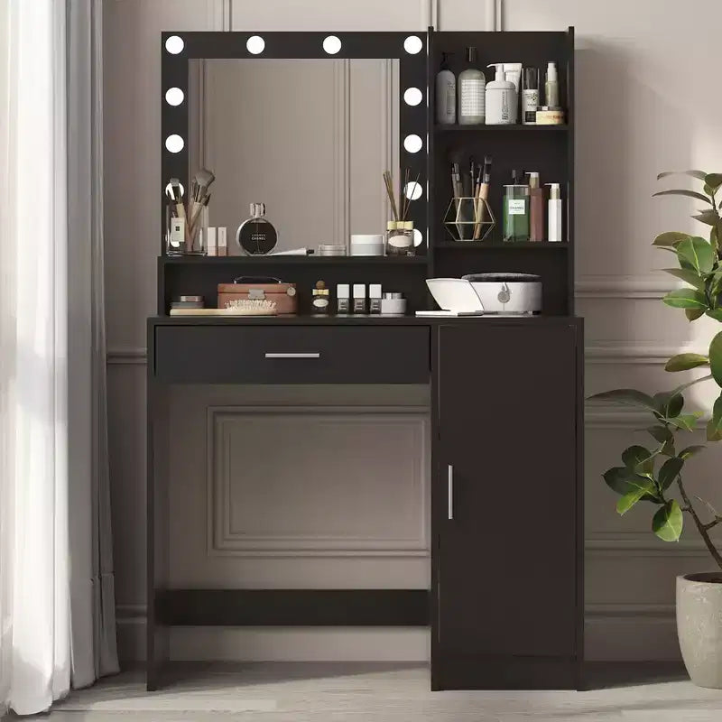 Table de toilette Okak avec miroir, coiffeuse avec étagères de rangement à trois niveaux, 1 tiroir et 1 porte de placard, bureau de maquillage pour salle de bain