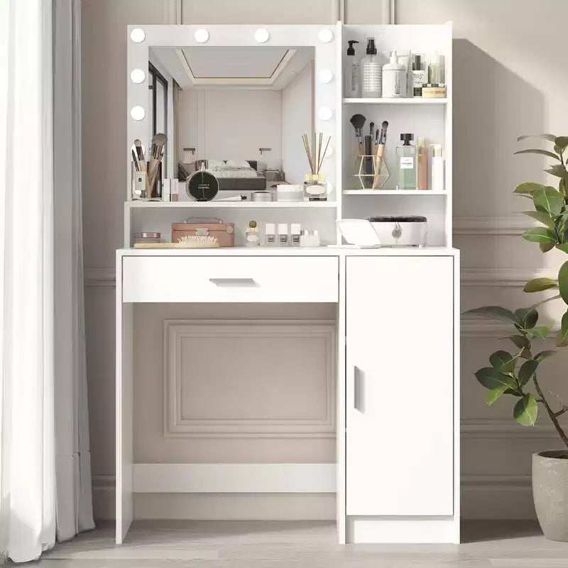 Table de toilette Okak avec miroir, coiffeuse avec étagères de rangement à trois niveaux, 1 tiroir et 1 porte de placard, bureau de maquillage pour salle de bain