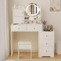 Okak Modern Vanity Desk with Round Makeup Mirror, Girls Vanity with Cushioned Chair and 7 Drawers, Vanity Table for Vanity Room, Dressing Room, White