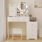 Okak Modern Vanity Desk with Round Makeup Mirror, Girls Vanity with Cushioned Chair and 7 Drawers, Vanity Table for Vanity Room, Dressing Room, White