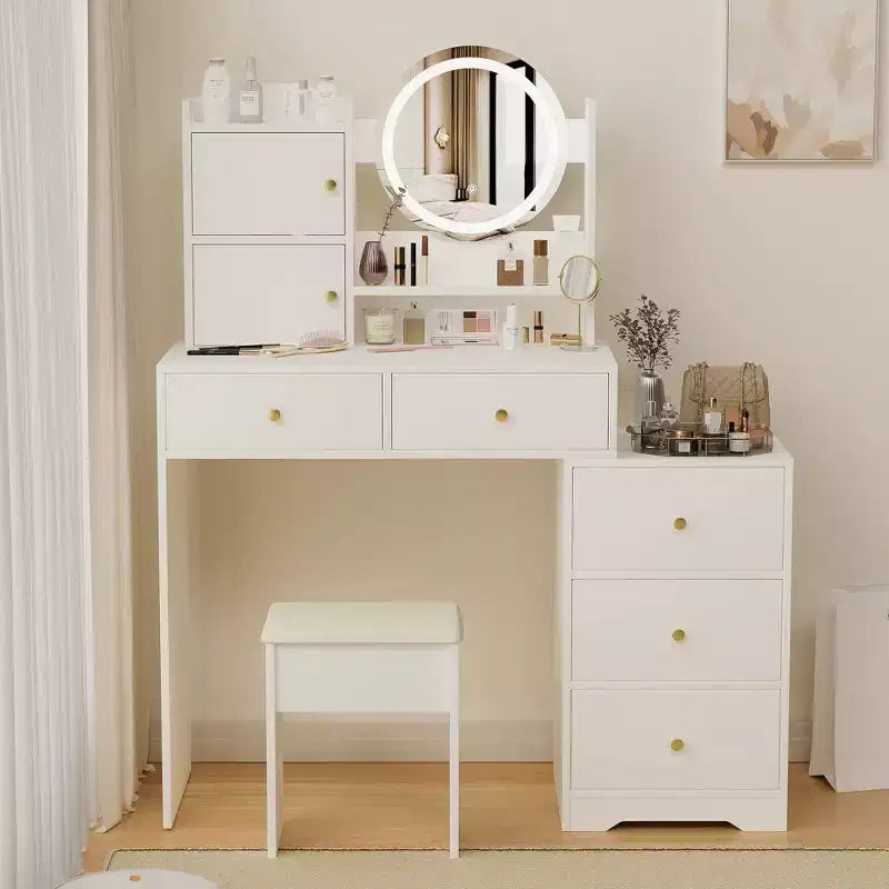 Okak Modern Vanity Desk with Round Makeup Mirror, Girls Vanity with Cushioned Chair and 7 Drawers, Vanity Table for Vanity Room, Dressing Room, White