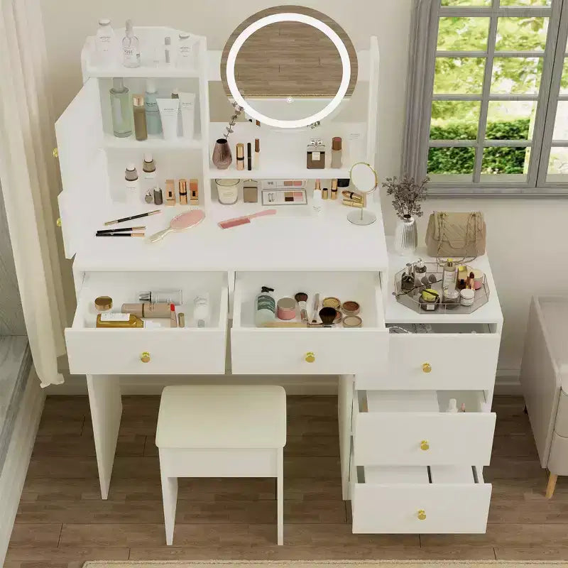Coiffeuse moderne Okak avec miroir de maquillage rond, coiffeuse pour filles avec chaise rembourrée et 7 tiroirs, table de coiffeuse pour salle de bain, dressing, blanc