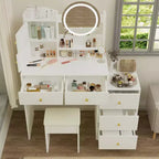 Coiffeuse moderne Okak avec miroir de maquillage rond, coiffeuse pour filles avec chaise rembourrée et 7 tiroirs, table de coiffeuse pour salle de bain, dressing, blanc