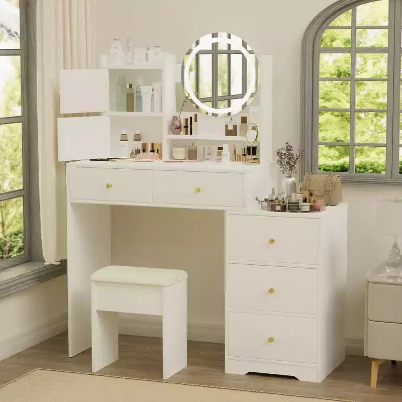 Coiffeuse moderne Okak avec miroir de maquillage rond, coiffeuse pour filles avec chaise rembourrée et 7 tiroirs, table de coiffeuse pour salle de bain, dressing, blanc
