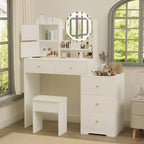Coiffeuse moderne Okak avec miroir de maquillage rond, coiffeuse pour filles avec chaise rembourrée et 7 tiroirs, table de coiffeuse pour salle de bain, dressing, blanc