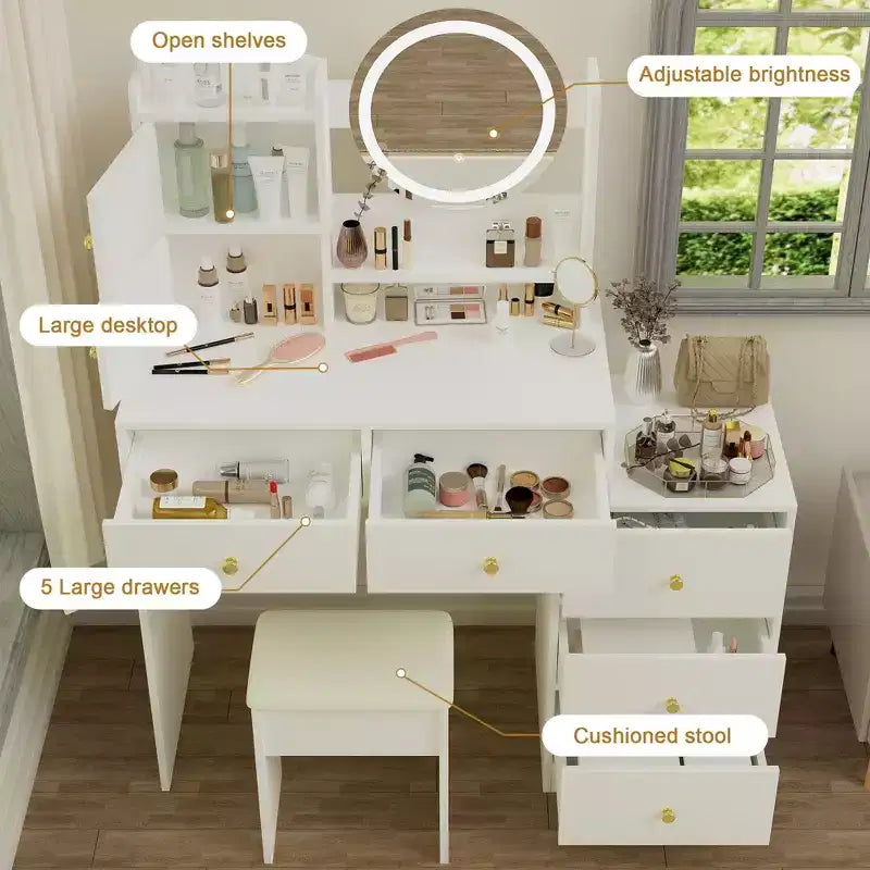 Coiffeuse moderne Okak avec miroir de maquillage rond, coiffeuse pour filles avec chaise rembourrée et 7 tiroirs, table de coiffeuse pour salle de bain, dressing, blanc