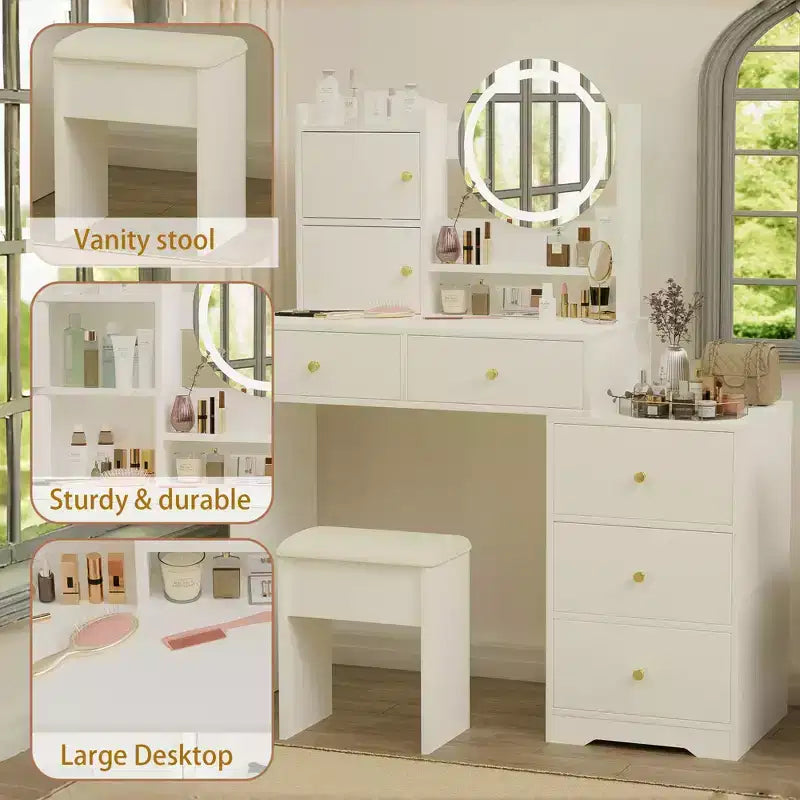 Coiffeuse moderne Okak avec miroir de maquillage rond, coiffeuse pour filles avec chaise rembourrée et 7 tiroirs, table de coiffeuse pour salle de bain, dressing, blanc