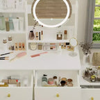 Coiffeuse moderne Okak avec miroir de maquillage rond, coiffeuse pour filles avec chaise rembourrée et 7 tiroirs, table de coiffeuse pour salle de bain, dressing, blanc