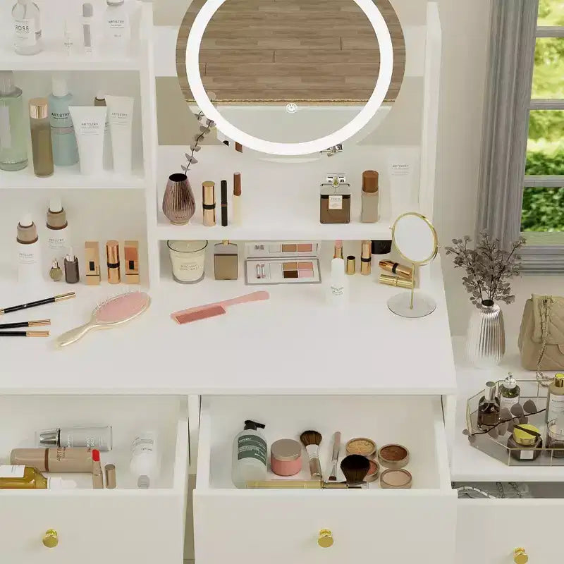 Coiffeuse moderne Okak avec miroir de maquillage rond, coiffeuse pour filles avec chaise rembourrée et 7 tiroirs, table de coiffeuse pour salle de bain, dressing, blanc