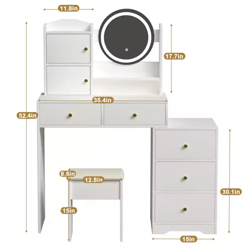 Coiffeuse moderne Okak avec miroir de maquillage rond, coiffeuse pour filles avec chaise rembourrée et 7 tiroirs, table de coiffeuse pour salle de bain, dressing, blanc