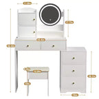 Coiffeuse moderne Okak avec miroir de maquillage rond, coiffeuse pour filles avec chaise rembourrée et 7 tiroirs, table de coiffeuse pour salle de bain, dressing, blanc