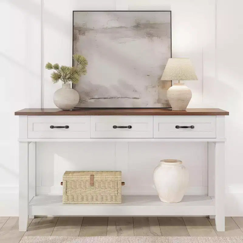 54 Entryway Table, Console Table with 3 Storage Drawers, 3-Tiered Country-Style Wooden Sofa Table, Hallway Tables for Entryway, Living Room