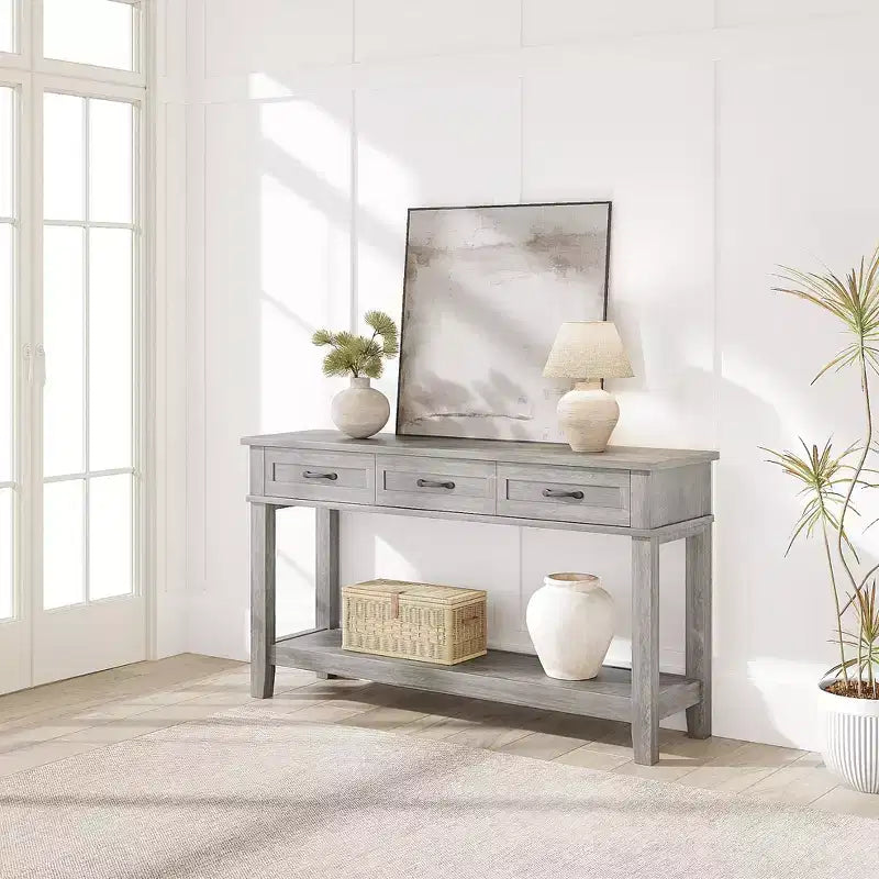 Table d'entrée de 54 pouces, console avec 3 tiroirs de rangement, table de canapé en bois de style campagnard à 3 niveaux, tables de couloir pour l'entrée, le salon