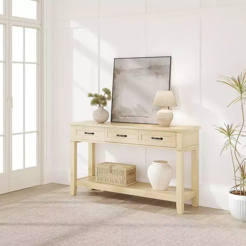 Table d'entrée de 54 pouces, console avec 3 tiroirs de rangement, table de canapé en bois de style campagnard à 3 niveaux, tables de couloir pour l'entrée, le salon