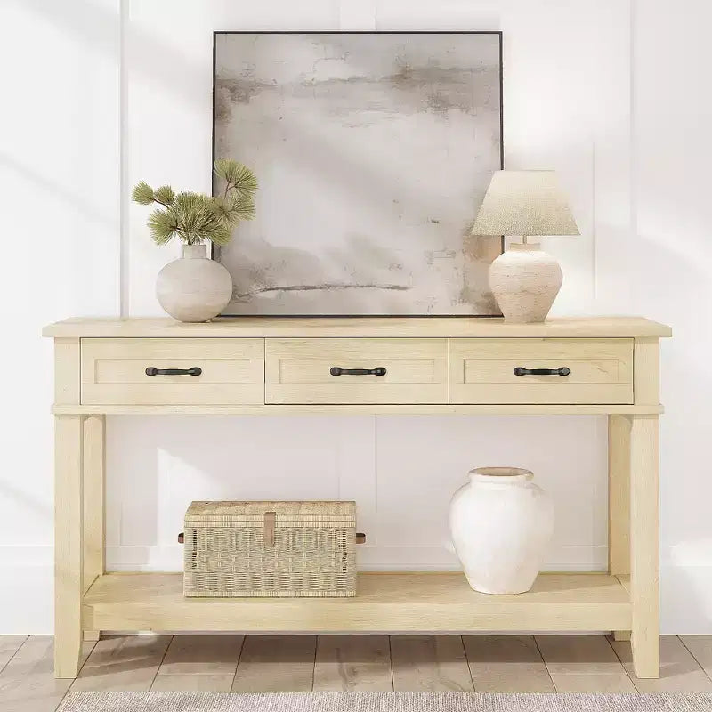 Tavolo da ingresso da 54", Tavolo consolle con 3 cassetti portaoggetti, Tavolino da divano in legno a 3 ripiani in stile rustico, Tavoli da ingresso per corridoio, soggiorno