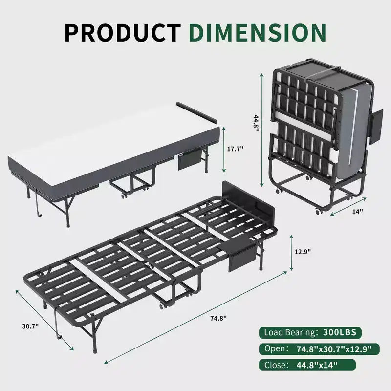 Bellemave 75 Lit pliant avec tête de lit réglable et 5 matelas à mémoire de forme, lit d'appoint pliable peu encombrant, assemblage facile