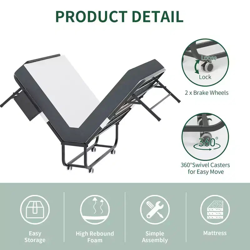 Bellemave 75 Lit pliant avec tête de lit réglable et 5 matelas à mémoire de forme, lit d'appoint pliable peu encombrant, assemblage facile