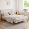 GDFStudio Vira Contemporary Iron Platform Bed Frame with Wooden Slats and Upholstered Headboard