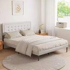 GDFStudio Vira Contemporary Iron Platform Bed Frame with Wooden Slats and Upholstered Headboard