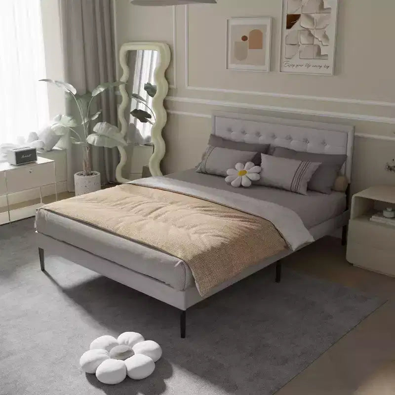 GDFStudio Vira Struttura Letto con Piattaforma in Ferro Contemporaneo, Doghe in Legno e Testiera Imbottita