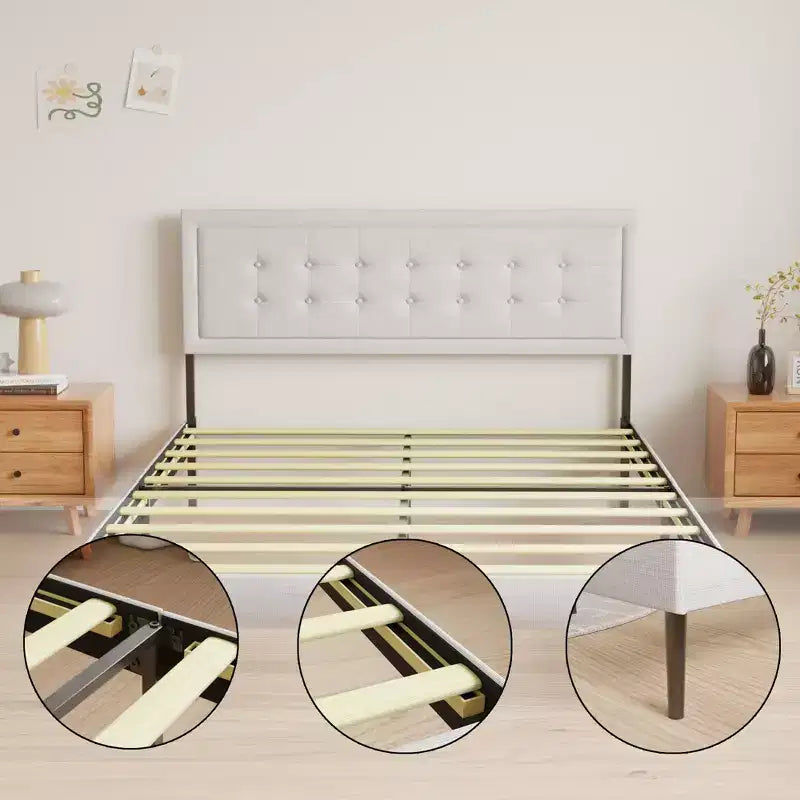 GDFStudio Vira Struttura Letto con Piattaforma in Ferro Contemporaneo, Doghe in Legno e Testiera Imbottita