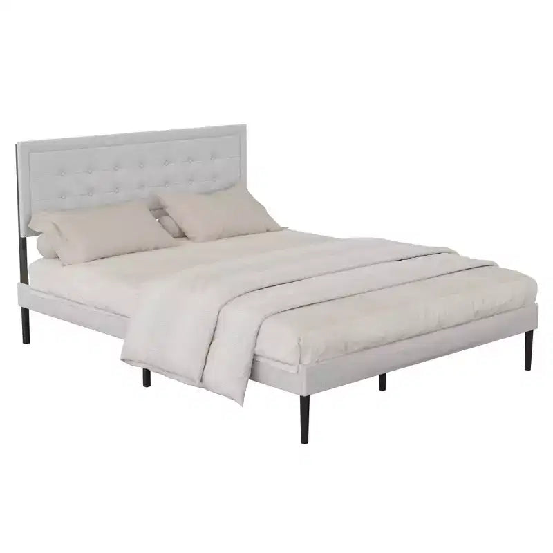 GDFStudio Vira Struttura Letto con Piattaforma in Ferro Contemporaneo, Doghe in Legno e Testiera Imbottita