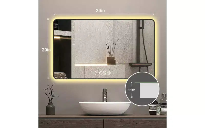 Miroir de courtoisie rectangulaire moderne GDFStudio Rion 39W avec coins arrondis et 3 modes d'éclairage