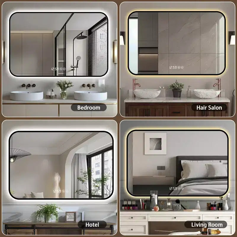Miroir de courtoisie rectangulaire moderne GDFStudio Rion 39W avec coins arrondis et 3 modes d'éclairage