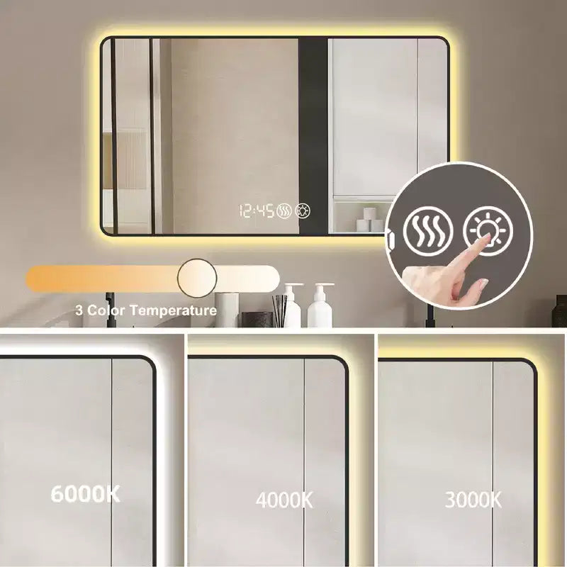 Miroir de courtoisie rectangulaire moderne GDFStudio Rion 39W avec coins arrondis et 3 modes d'éclairage