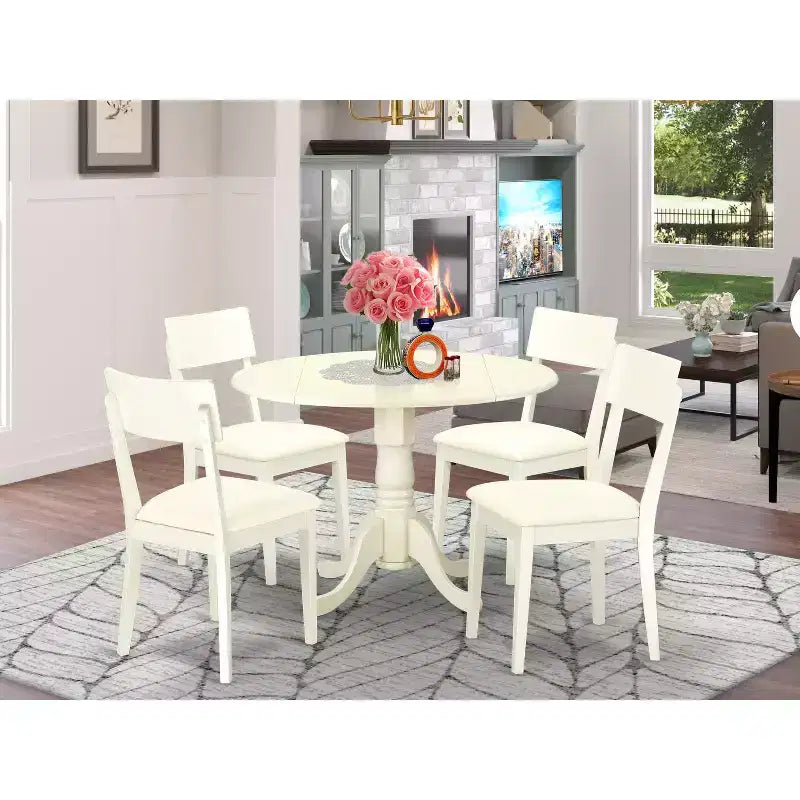 Set da pranzo medievale - Tavolo e sedie rotondi da 5 pezzi - Bianco lino - Set da cucina moderno