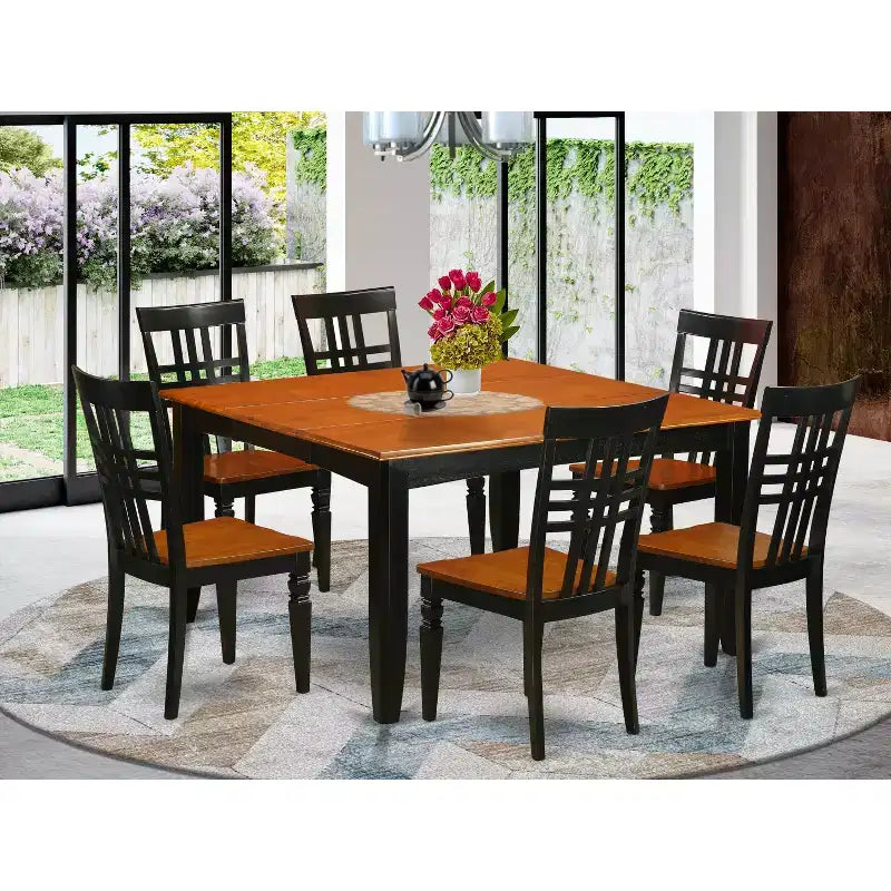 HomeStock - Tavolo da pranzo in legno massello con piano quadrato nero e finitura ciliegio a 7 pezzi con 6 sedie