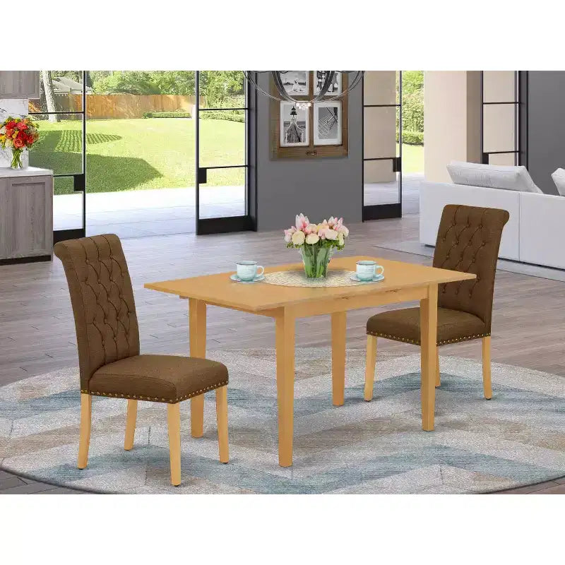 Set da pranzo HomeStock 3 pezzi con piano rettangolare in legno massello con finitura rovere marrone naturale e prolunga a farfalla