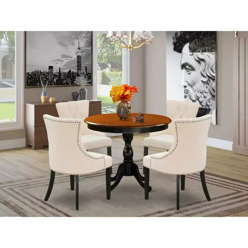 Tavolo da pranzo HomeStock 5 pezzi, rotondo, piano in legno massello nero e ciliegio con 4 sedie