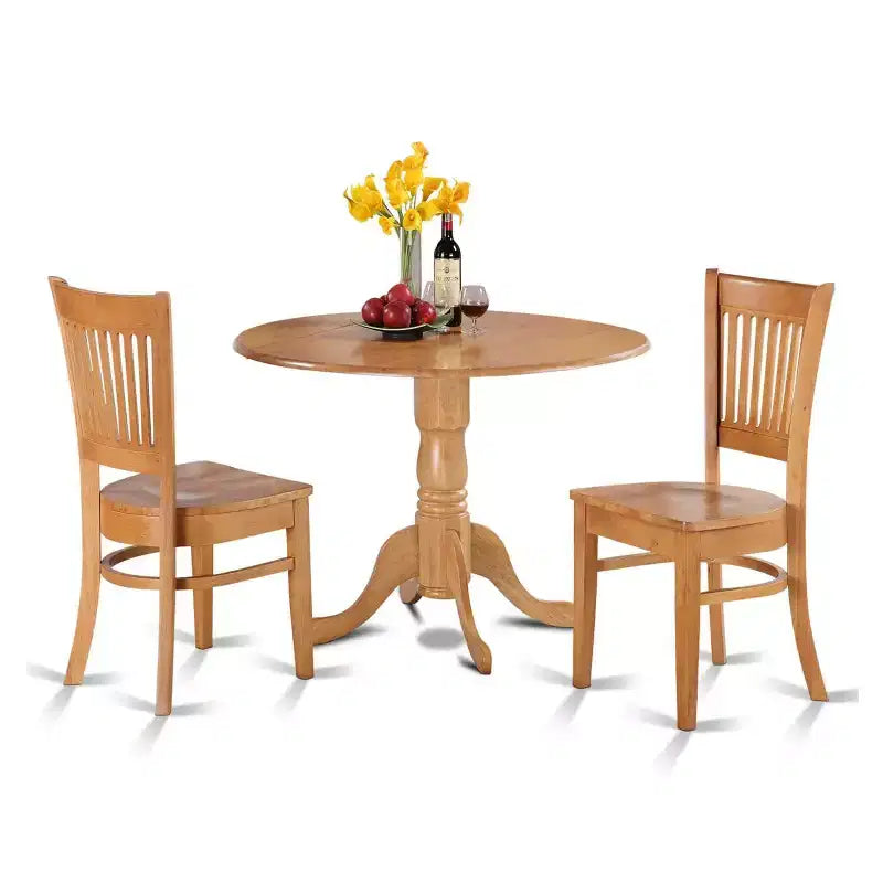 HomeStock 3-Piece Round Natural Oak Finish Solid Wood Top Dining Table 2-Chairs