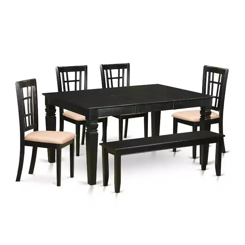 HomeStock 6-Piece Rectangle Black Finish Solid Wood Top dining Table with 1 Bench and 4 Chairs