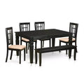 HomeStock 6-Piece Rectangle Black Finish Solid Wood Top dining Table with 1 Bench and 4 Chairs