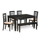 HomeStock 6-Piece Rectangle Black Finish Solid Wood Top dining Table with 1 Bench and 4 Chairs