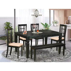 HomeStock Tavolo da pranzo rettangolare a 6 pezzi con piano in legno massiccio nero e 1 panca e 4 sedie