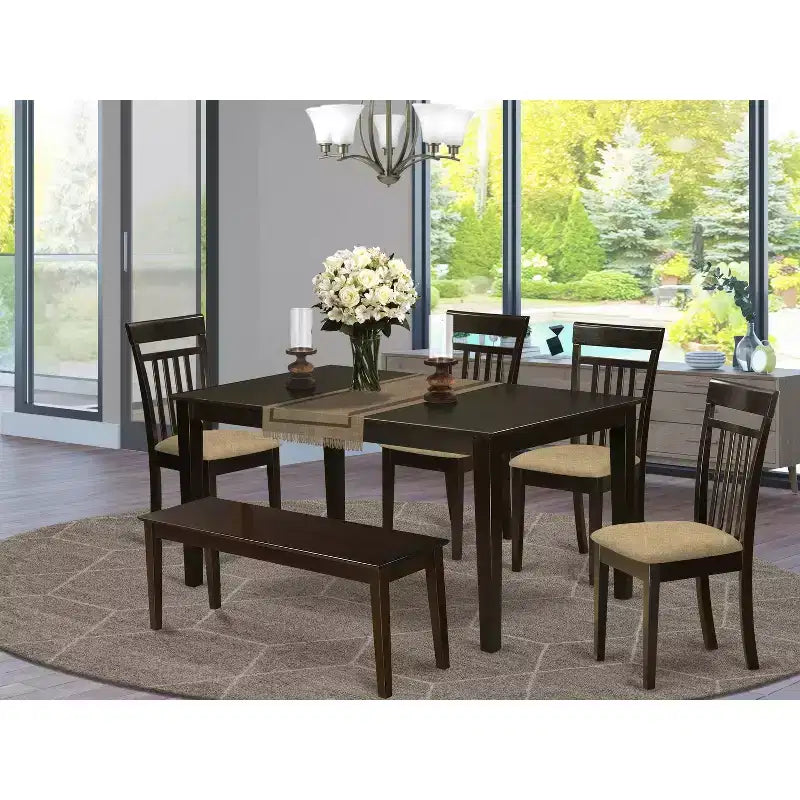 Set da Pranzo Vintage per Cucina - 6 Pezzi Tavolo e Sedie - Panca in Tessuto Lino - Cappuccino 36x60 Pollici