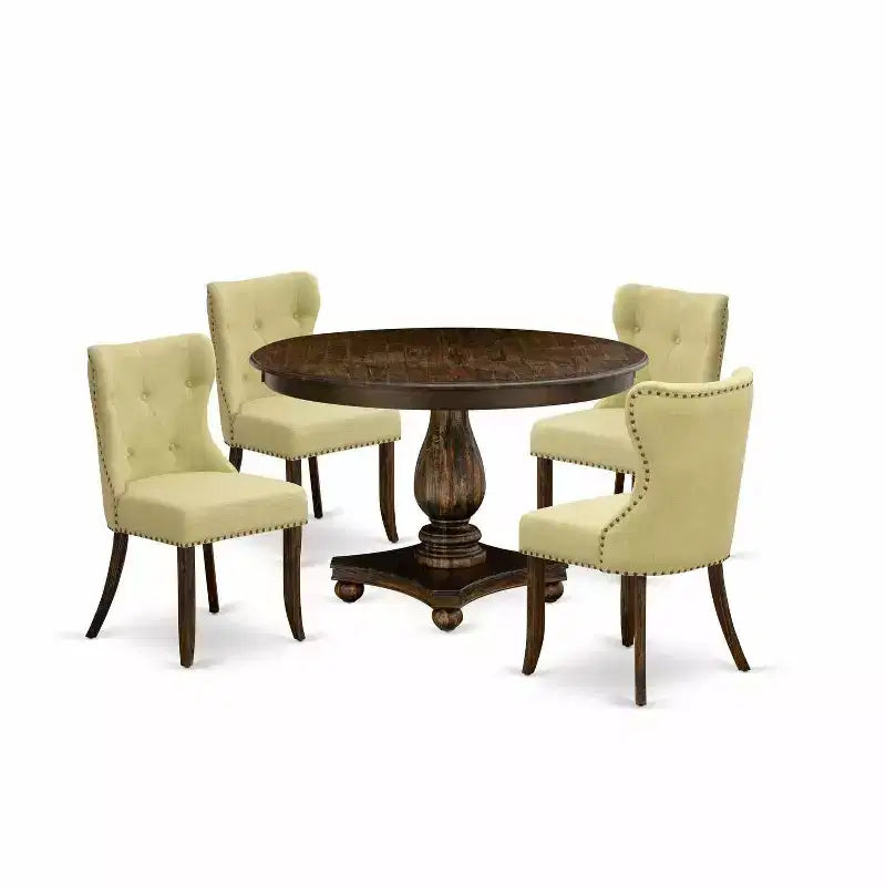 HomeStock 5-Piece Distressed Jacobean Finish Solid Wood Top Dining Table with 4 Parson Chair